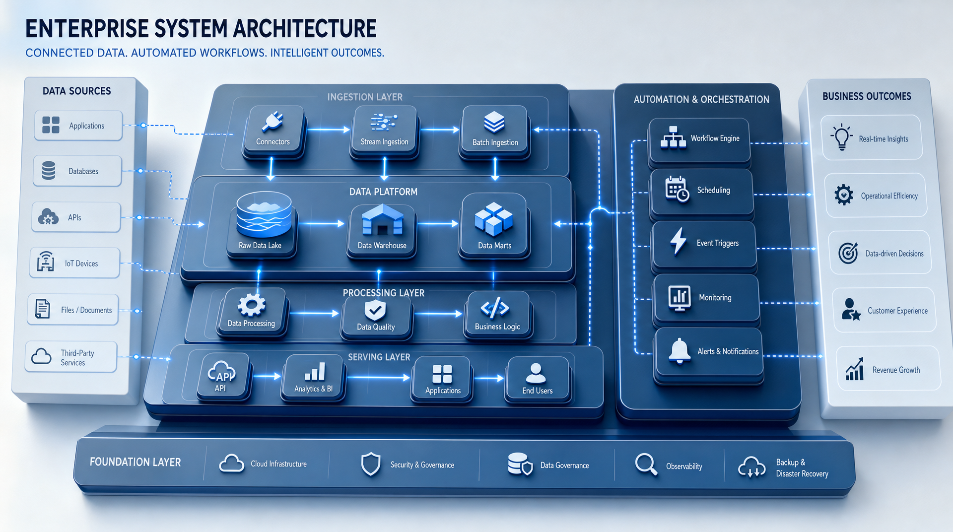 Enterprise system architecture diagram — connected data nodes and automation flows
